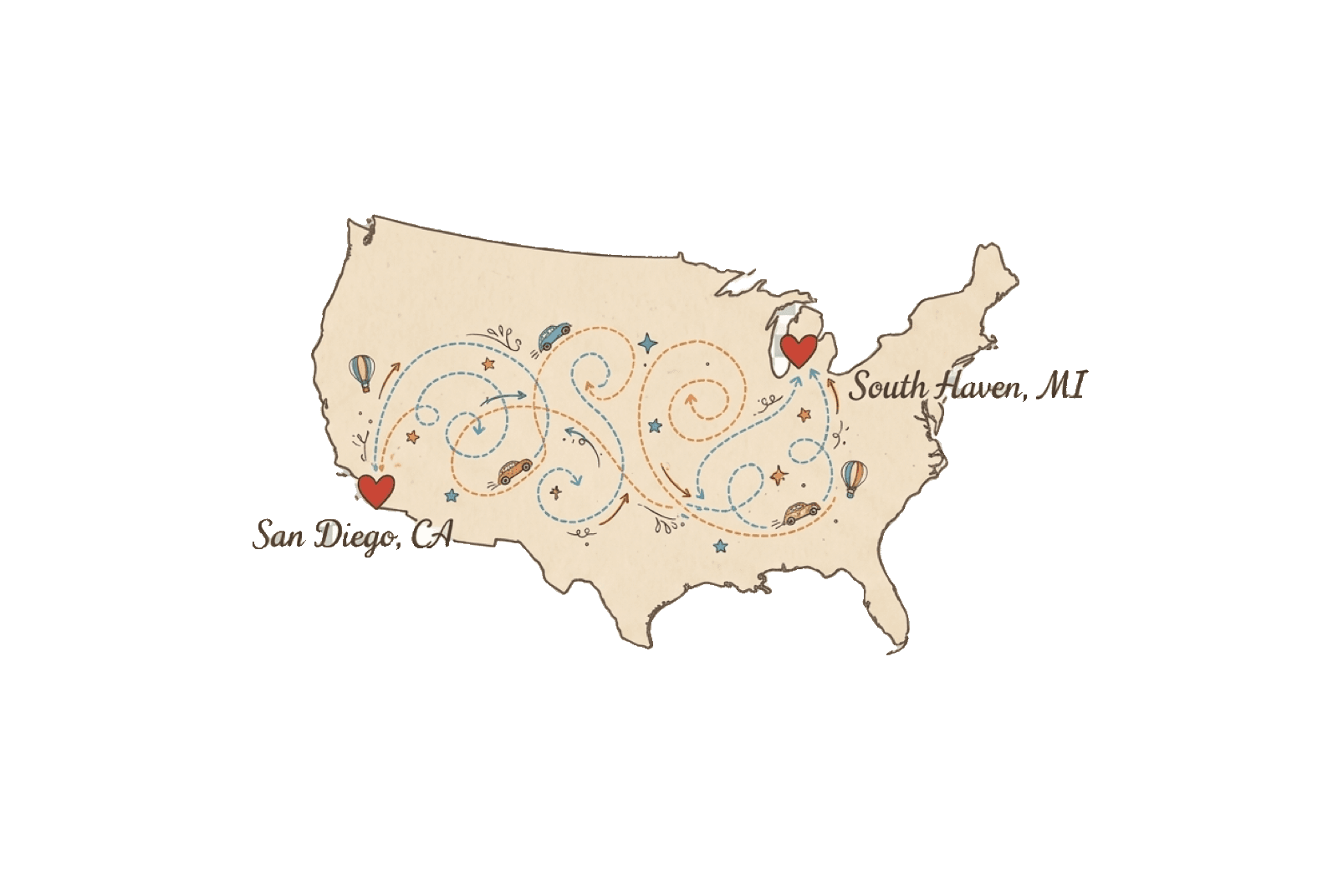 An illustrated map from South Haven, Michigan to San Diego, California